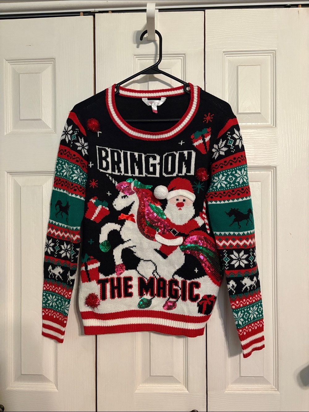 No Boundaries Women's Holiday Sweater - Black, Red, Green, White